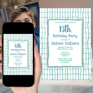 Invitation 13ème anniversaire main de fête tiré bleu vert uni