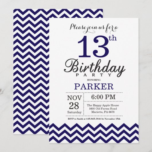Invitation 13ème Bleu marine d'invitation d'anniversaire (Devant / Derrière)