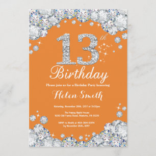 Invitation 13ème Diamant orange et argenté d'anniversaire