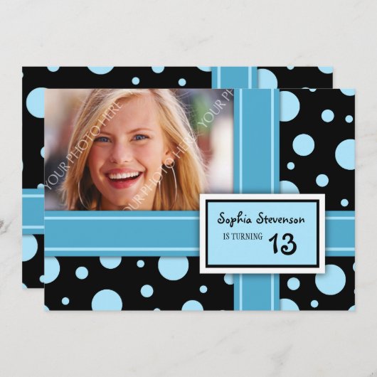 Invitation 13ème Points de noir bleu d'invitation de fête (Devant / Derrière)