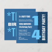 Invitation 14e ADO Anniversaire Marine moderne Blue Stars T7A (Devant / Derrière)