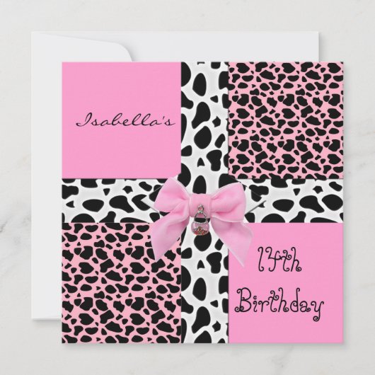 Invitation 14e anniversaire adolescent vache rose (Devant)