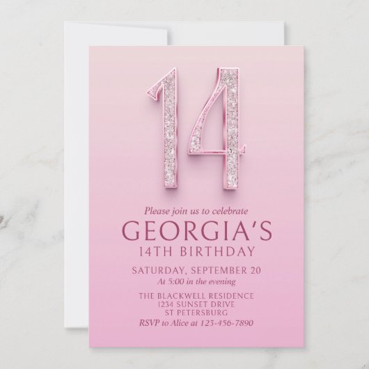Invitation 14e anniversaire Diamants roses (Devant)
