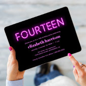 Invitation 14e anniversaire fête rose néon lumières