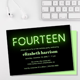 Invitation 14e anniversaire fête verte néon lumières