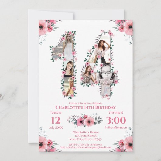 Invitation 14e anniversaire fille photo Collage rose Fleur bl (Devant)
