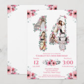 Invitation 14e anniversaire fille photo Collage rose Fleur bl (Devant / Derrière)