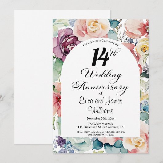 Invitation 14e anniversaire Mariage Élégant script floral (Devant / Derrière)