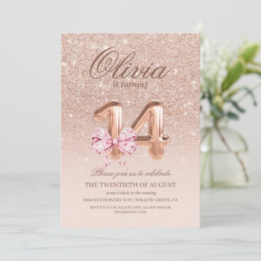 Invitation 14e anniversaire Rose rose or bow fête d'anniversa (Debout devant)