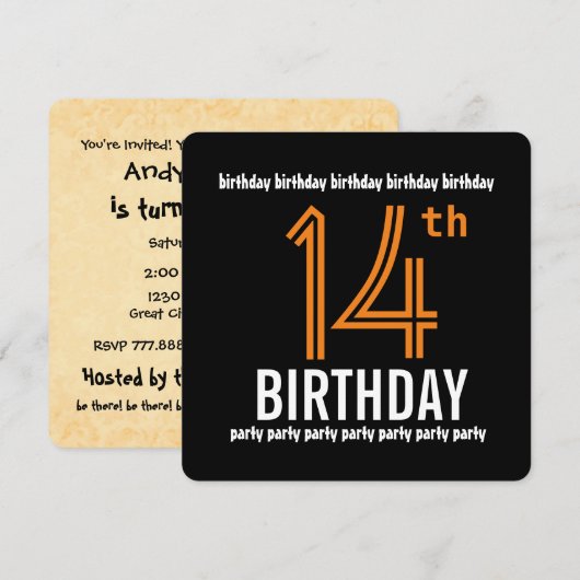 Invitation 14e fête d'anniversaire Moderne Orange et Noir (Devant / Derrière)