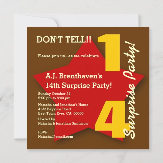 Invitation 14e SURPRISE Birthday Party BROWN RED Star S06 (Devant)
