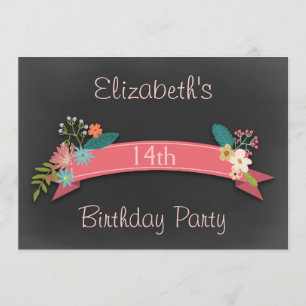 Invitation 14ème La bannière rose d'anniversaire fleurit le