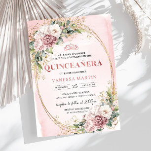 Invitation 15 Ans Floral Rose avec Eucalyptus Vert