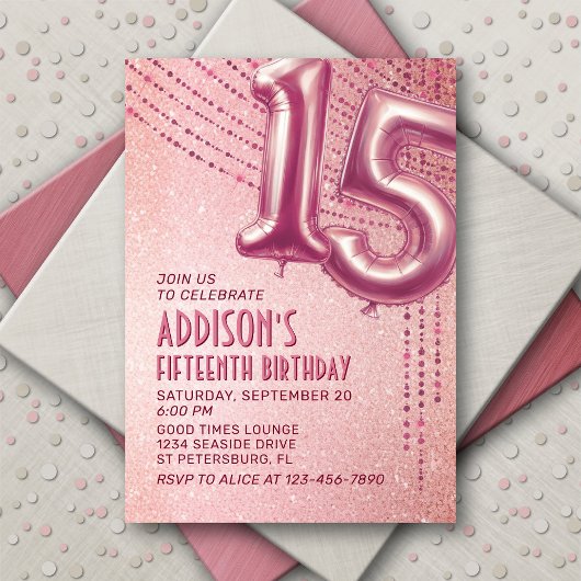Invitation 15e anniversaire Ado fille Rose or