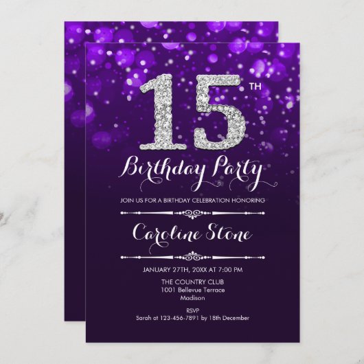 Invitation 15e anniversaire - Argent violet (Devant / Derrière)