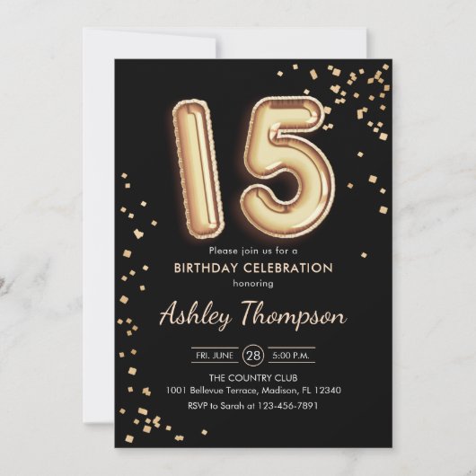 Invitation 15e anniversaire - Ballons d'or noir (Devant)