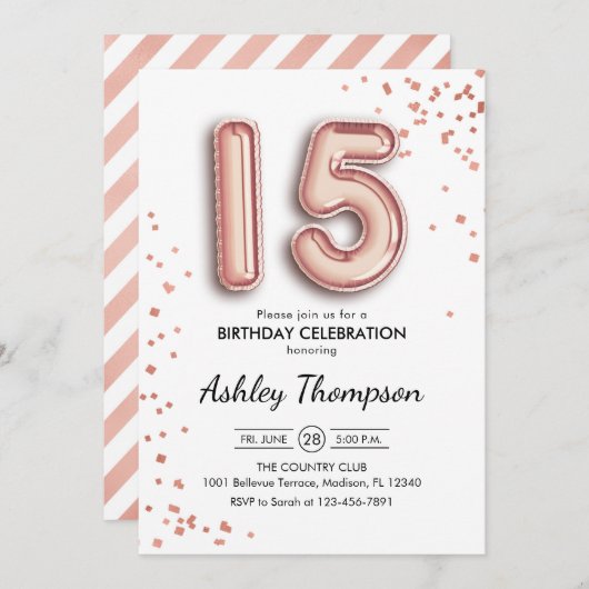 Invitation 15e anniversaire - Ballons d'or Rose (Devant / Derrière)