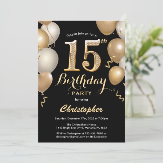 Invitation 15e anniversaire Ballons Noir et Or Confetti (Debout devant)