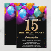 Invitation 15e anniversaire Ballons noirs et dorés (Devant / Derrière)