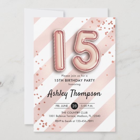 Invitation 15e anniversaire - Ballons Roses en or (Devant)