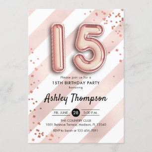 Invitation 15e anniversaire - Ballons Roses en or