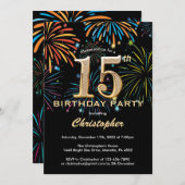 Invitation 15e anniversaire Black and Gold Rainbow Fireworks (Devant / Derrière)