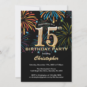 Invitation 15e anniversaire Black and Gold Rainbow Fireworks