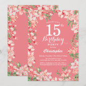Invitation 15e anniversaire Boho rose fleurs botaniques flora (Devant / Derrière)