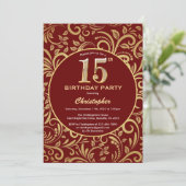 Invitation 15e anniversaire Bourgogne rouge et or modèle flor (Debout devant)