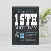 Invitation 15e anniversaire Chalkboard Blue Balloon Rustic Ch (Debout devant)