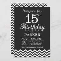 Invitation 15e anniversaire Chevron noir et blanc