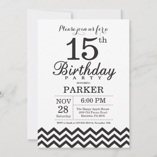 Invitation 15e anniversaire Chevron noir et blanc (Devant)