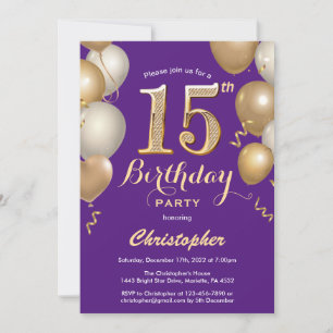Invitation 15e anniversaire Confetti de ballons violet et or