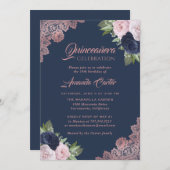 Invitation 15e anniversaire de la Quinceañera en or bleu et R (Devant / Derrière)