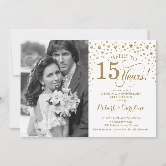 Invitation 15e Anniversaire de Mariage avec Photo - Or Blanc (Devant)
