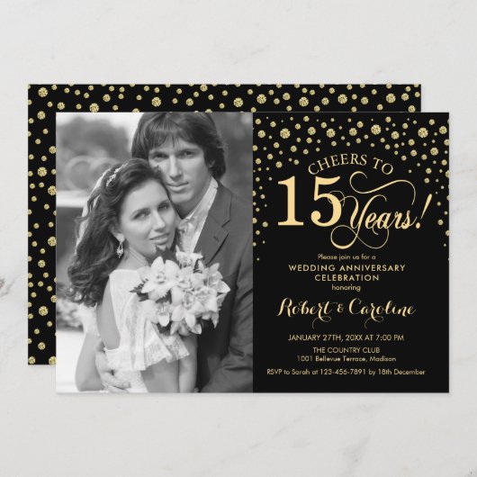 Invitation 15e anniversaire de mariage avec photo - Or Noir (Devant / Derrière)