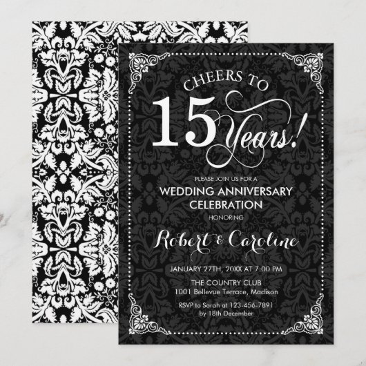 Invitation 15e Anniversaire de Mariage - Damassé Noir Blanc (Devant / Derrière)