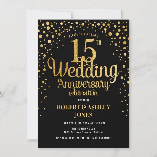Invitation 15e anniversaire de mariage - Noir et or (Devant)
