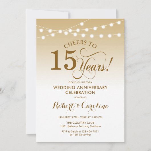 Invitation 15e anniversaire de mariage - Or Blanc (Devant)