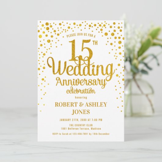 Invitation 15e anniversaire de mariage - Or & Blanc (Debout devant)