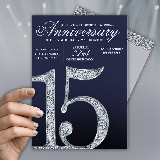 Invitation 15e Anniversaire Diamant Argent Bleu Foncé Ans