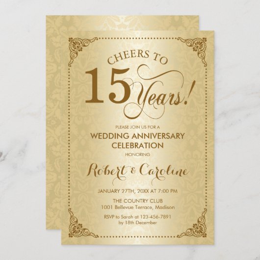 Invitation 15e anniversaire du Mariage - Damas d'or (Devant / Derrière)