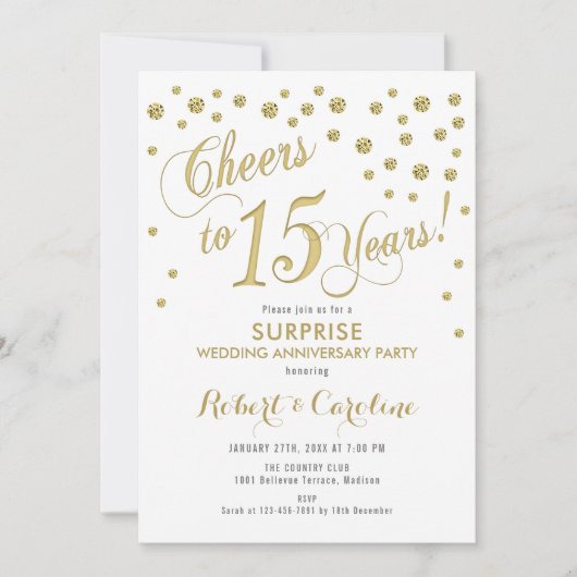 Invitation 15e anniversaire du Mariage surprise - Blanc & Or (Devant)