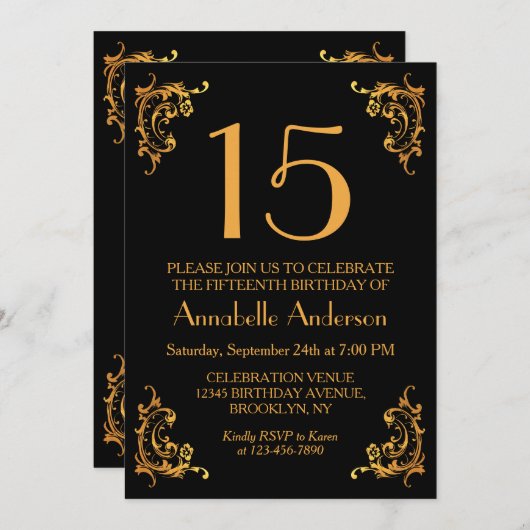 Invitation 15e anniversaire Elegant Gold Black Vintage Retro (Devant / Derrière)