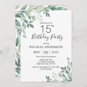 Invitation 15e anniversaire Elégant vert Eucalyptus verdure (Devant / Derrière)