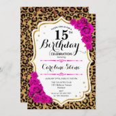 Invitation 15e anniversaire - Empreinte de léopard d'or rose (Devant / Derrière)