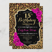 Invitation 15e anniversaire - Empreinte de léopard Roses rose (Devant / Derrière)