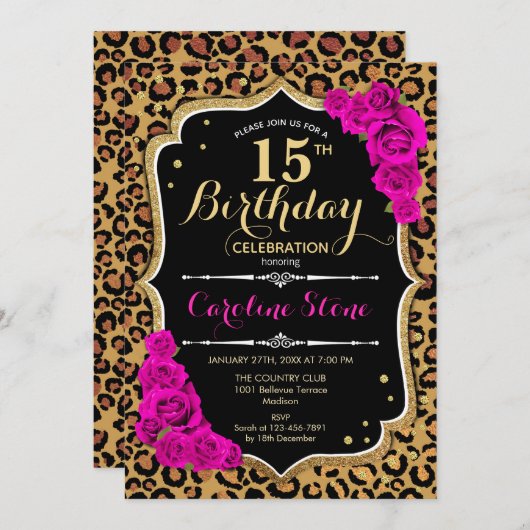 Invitation 15e anniversaire - Empreinte de léopard Roses rose (Devant / Derrière)