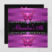 Invitation 15e anniversaire fête papillon rose pourpre (Devant / Derrière)