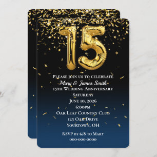 Invitation 15e anniversaire Gold Balloons & Confetti Invitati